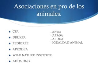 Asociaciones en pro de los
animales.
 CPA
 DRUKPA
 PEDIGREE
 APRODEA
 WILD NATURE INSTITUTE
 ADDA ONG
- ANDA
- APROA
- APDDA
- IGUALDAD ANIMAL
 