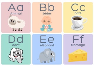 Aa
Dd
Animal
Bb
bébé
Cc
café
dent
Ee
éléphant
Ff
fromage
 