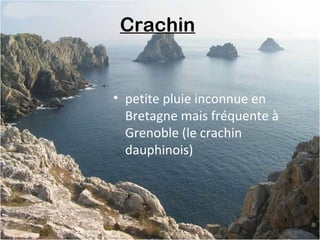 Crachin
• petite pluie inconnue en
Bretagne mais fréquente à
Grenoble (le crachin
dauphinois)
 