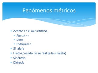 Acento en el axis rítmico
Aguda: + 1
Llana
Esdrújula: -1
Sinalefa
Hiato (cuando no se realiza la sinalefa)
Sinéresis
Diéresis
Fenómenos métricos
 