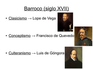 Barroco (siglo XVII)
●   Clasicismo → Lope de Vega



●   Conceptismo → Francisco de Quevedo



●   Culteranismo → Luis de Góngora
 