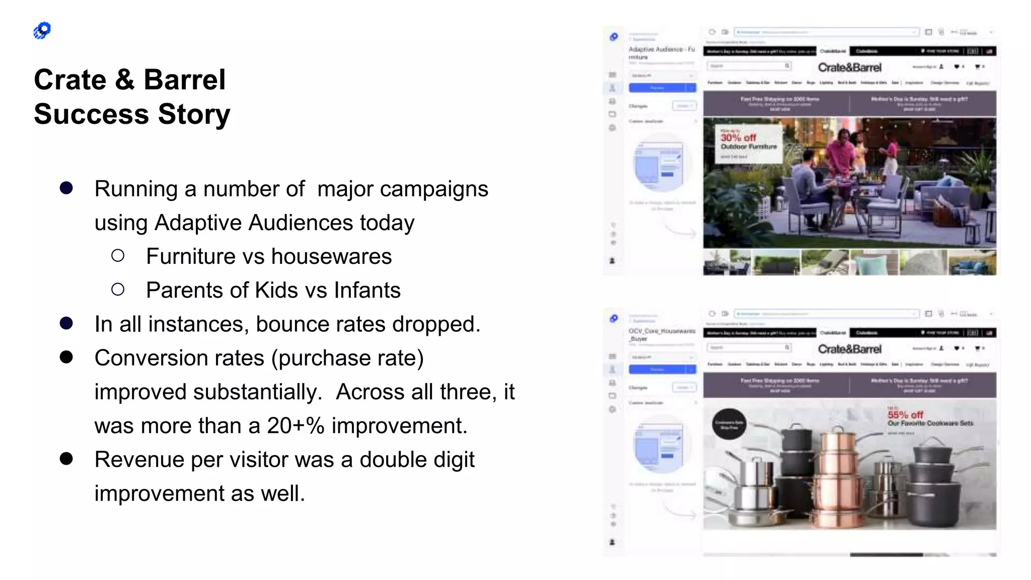 35
Crate & Barrel
Success Story
● Running a number of major campaigns
using Adaptive Audiences today
○ Furniture vs housewares
○ Parents of Kids vs Infants
● In all instances, bounce rates dropped.
● Conversion rates (purchase rate)
improved substantially. Across all three, it
was more than a 20+% improvement.
● Revenue per visitor was a double digit
improvement as well.
 