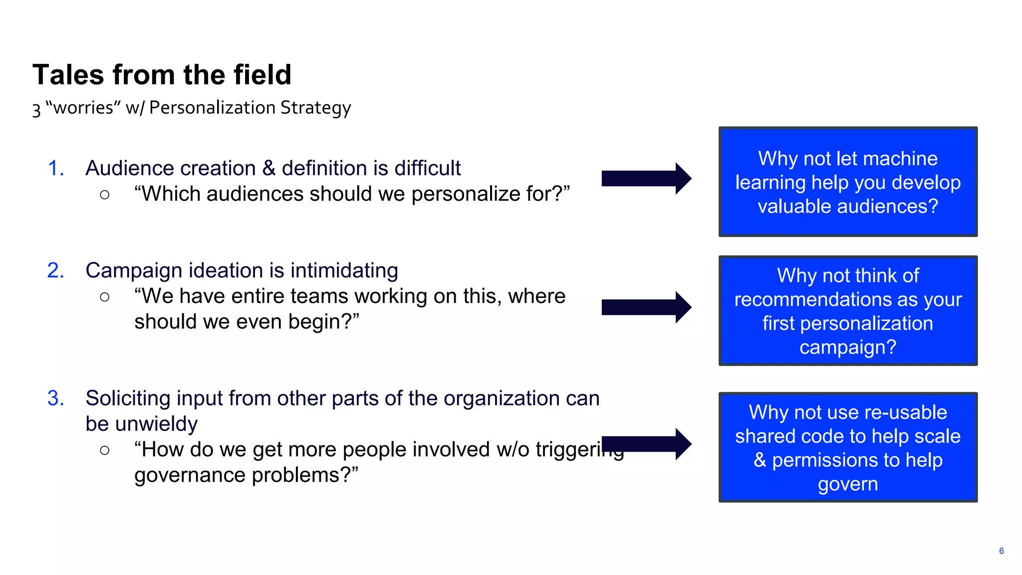 6
Tales from the field
1. Audience creation & definition is difficult
○ “Which audiences should we personalize for?”
2. Campaign ideation is intimidating
○ “We have entire teams working on this, where
should we even begin?”
3. Soliciting input from other parts of the organization can
be unwieldy
○ “How do we get more people involved w/o triggering
governance problems?”
3 “worries” w/ Personalization Strategy
Why not let machine
learning help you develop
valuable audiences?
Why not think of
recommendations as your
first personalization
campaign?
Why not use re-usable
shared code to help scale
& permissions to help
govern
 