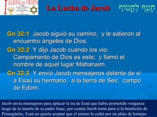 ‫וף‬ֹ‫ף‬‫חוט‬ֳ‫וט‬‫ל‬ַ‫ח‬ ‫וטף‬ַ‫ח‬‫ח‬ָLa Lucha de JacobLa Lucha de Jacob
Gn 32:1Gn 32:1 Jacob siguió su camino, y le salieron alJacob siguió su camino, y le salieron al
encuentro ángeles de Dios.encuentro ángeles de Dios.
Gn 32:2Gn 32:2 Y dijo Jacob cuando los vio:Y dijo Jacob cuando los vio:
Campamento de Dios es este; y llamó elCampamento de Dios es este; y llamó el
nombre de aquel lugar Mahanaim.nombre de aquel lugar Mahanaim.
Gn 32:3Gn 32:3 Y envió Jacob mensajeros delante de síY envió Jacob mensajeros delante de sí
a Esaú su hermano, a la tierra de Seir, campoa Esaú su hermano, a la tierra de Seir, campo
de Edom.de Edom.
Jacob envía mensajeros para aplacar la ira de Esaú que había prometido venganza
luego de la muerte de su padre Isaac, por cuanto Jacob tomó para sí la bendición de
Primogénito, Esaú no quería aceptar que el mismo la cedió por un plato de lentejas.
 