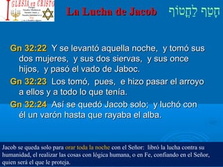 ‫וף‬ֹ‫ף‬‫חוט‬ֳ‫וט‬‫ל‬ַ‫ח‬ ‫וטף‬ַ‫ח‬‫ח‬ָLa Lucha de JacobLa Lucha de Jacob
Gn 32:22Gn 32:22 Y se levantó aquella noche, y tomó susY se levantó aquella noche, y tomó sus
dos mujeres, y sus dos siervas, y sus oncedos mujeres, y sus dos siervas, y sus once
hijos, y pasó el vado de Jaboc.hijos, y pasó el vado de Jaboc.
Gn 32:23Gn 32:23 Los tomó, pues, e hizo pasar el arroyoLos tomó, pues, e hizo pasar el arroyo
a ellos y a todo lo que tenía.a ellos y a todo lo que tenía.
Gn 32:24Gn 32:24 Así se quedó Jacob solo; y luchó conAsí se quedó Jacob solo; y luchó con
él un varón hasta que rayaba el alba.él un varón hasta que rayaba el alba.
Jacob se queda solo para orar toda la noche con el Señor: libró la lucha contra su
humanidad, el realizar las cosas con lógica humana, o en Fe, confiando en el Señor,
quien será el que le proteja.
 