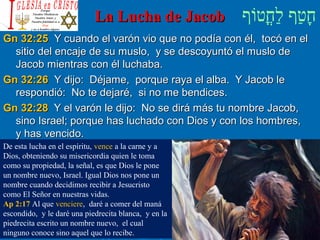 ‫וף‬ֹ‫ף‬‫חוט‬ֳ‫וט‬‫ל‬ַ‫ח‬ ‫וטף‬ַ‫ח‬‫ח‬ָLa Lucha de JacobLa Lucha de Jacob
Gn 32:25Gn 32:25 Y cuando el varón vio que no podía con él, tocó en elY cuando el varón vio que no podía con él, tocó en el
sitio del encaje de su muslo, y se descoyuntó el muslo desitio del encaje de su muslo, y se descoyuntó el muslo de
Jacob mientras con él luchaba.Jacob mientras con él luchaba.
Gn 32:26Gn 32:26 Y dijo: Déjame, porque raya el alba. Y Jacob leY dijo: Déjame, porque raya el alba. Y Jacob le
respondió: No te dejaré, si no me bendices.respondió: No te dejaré, si no me bendices.
Gn 32:28Gn 32:28 Y el varón le dijo: No se dirá más tu nombre Jacob,Y el varón le dijo: No se dirá más tu nombre Jacob,
sino Israel; porque has luchado con Dios y con los hombres,sino Israel; porque has luchado con Dios y con los hombres,
y has vencido.y has vencido.
De esta lucha en el espíritu, vence a la carne y a
Dios, obteniendo su misericordia quien le toma
como su propiedad, la señal, es que Dios le pone
un nombre nuevo, Israel. Igual Dios nos pone un
nombre cuando decidimos recibir a Jesucristo
como El Señor en nuestras vidas.
Ap 2:17 Al que venciere, daré a comer del maná
escondido, y le daré una piedrecita blanca, y en la
piedrecita escrito un nombre nuevo, el cual
ninguno conoce sino aquel que lo recibe.
 