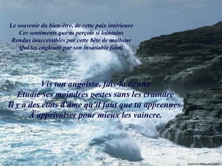 Le souvenir du bien-être, de cette paix intérieure Ces sentiments que tu perçois si lointains Rendus inaccessibles par cette bête de malheur Qui les engloutit par son insatiable faim. Vis ton angoisse, fais-la tienne Étudie ses moindres gestes sans les craindre Il y a des états d'âme qu'il faut que tu apprennes  À apprivoiser pour mieux les vaincre. 