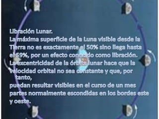 Libración Lunar.La máxima superficie de la Luna visible desde laTierra no es exactamente el 50% sino llega hastael 59%, por un efecto conocido como libración.La excentricidad de la órbita lunar hace que lavelocidad orbital no sea constante y que, por tanto,puedan resultar visibles en el curso de un mespartes normalmente escondidas en los bordes estey oeste. 