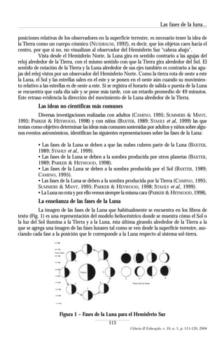 Las fases de la luna...

posiciones relativas de los observadores en la superficie terrestre, es necesario tener la idea de
la Tierra como un cuerpo cósmico (NUSSBAUM, 1992), es decir, que los objetos caen hacia el
centro, por que si no, no visualizan al observador del Hemisferio Sur “cabeza abajo”.
            Vista desde el Hemisferio Norte, la Luna gira en sentido contrario a las agujas del
reloj alrededor de la Tierra, con el mismo sentido con que la Tierra gira alrededor del Sol. El
sentido de rotación de la Tierra y la Luna alrededor de sus ejes también es contrario a las agu-
jas del reloj vistos por un observador del Hemisferio Norte. Como la tierra rota de oeste a este
la Luna, el Sol y las estrellas salen en el este y se ponen en el oeste aún cuando su movimien-
to relativo a las estrellas es de oeste a este. Si se registra el horario de salida o puesta de la Luna
se encuentra que cada día sale y se pone más tarde, con un retardo promedio de 49 minutos.
Este retraso evidencia la dirección del movimiento de la Luna alrededor de la Tierra.
           Las ideas no científicas más comunes
          Diversas investigaciones realizadas con adultos (CAMINO, 1995; SUMMERS & MANT,
1995; PARKER & HEYWOOD, 1998) y con niños (BAXTER, 1989; STAHLY et al., 1999) las que
tenían como objetivo determinar las ideas más comunes sostenidas por adultos y niños sobre algu-
nos eventos astronómicos, identifican las siguientes representaciones sobre las fases de la Luna:

           • Las fases de la Luna se deben a que las nubes cubren parte de la Luna (BAXTER,
           1989; STAHLY et al., 1999).
           • Las fases de la Luna se deben a la sombra producida por otros planetas (BAXTER,
           1989; PARKER & HEYWOOD, 1998).
           • Las fases de la Luna se deben a la sombra producida por el Sol (BAXTER, 1989;
           CAMINO, 1995).
           • Las fases de la Luna se deben a la sombra producida por la Tierra (CAMINO, 1995;
           SUMMERS & MANT, 1995; PARKER & HEYWOOD, 1998; STAHLY et al., 1999).
           • La Luna no rota y por ello vemos siempre la misma cara (PARKER & HEYWOOD, 1998).
           La enseñanza de las fases de la Luna
           La imagen de las fases de la Luna que habitualmente se encuentra en los libros de
texto (Fig. 1) es una representación del modelo heliocéntrico donde se muestra cómo el Sol o
la luz del Sol ilumina a la Tierra y a la Luna, ésta última girando alrededor de la Tierra a la
que se agrega una imagen de las fases lunares tal como se ven desde la superficie terrestre, aso-
ciando cada fase a la posición que le corresponde a la Luna respecto al sistema sol-tierra.




                      Figura 1 – Fases de la Luna para el Hemisferio Sur
                                                 113
                                                             Ciência & Educação, v. 10, n. 1, p. 111-120, 2004
 