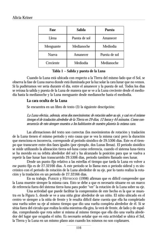 Alicia Kriner

                            Fase                 Salida                Puesta

                           Llena             Puesta de sol           Amanecer

                        Menguante             Medianoche             Mediodía

                           Nueva               Amanecer            Puesta de sol

                         Creciente             Mediodía             Medianoche

                              Tabla 1 – Salida y puesta de la Luna
            Cuando la Luna está ubicada con respecto a la Tierra del mismo lado que el Sol, se
observa la fase de Luna nueva donde está iluminada por la luz solar la cara lunar que no vemos.
Si la pudiéramos ver sería durante el día, entre el amanecer y la puesta de sol. Todos los días
se retrasa la salida y puesta de la Luna de manera que se ve a la Luna creciente desde el medio-
día hasta la medianoche y la Luna menguante desde medianoche hasta el mediodía.
          La cara oculta de la Luna
          Se encuentra en un libro de texto (3) la siguiente descripción:

          La Luna efectúa, además, otros dos movimientos: de rotación sobre su eje, y casi en el mismo
          tiempo el de traslación alrededor de la Tierra en 29 días, 12 horas y 44 minutos. Como con-
          secuencia de esto siempre muestra a los habitantes de nuestro planeta la misma cara.

            Las afirmaciones del texto son correctas (los movimientos de rotación y traslación
de la Luna tienen el mismo período y esto causa que se vea la misma cara) pero la duración
que menciona es incorrecta, corresponde al período sinódico de 29.5306 días. Este es el tiem-
po que transcurre entre dos fases iguales (por ejemplo, dos Lunas llenas). El período sinódico
se mide utilizando la alineación tierra-sol-luna como referencia, cuando el sistema luna-tierra
se ha movido en su órbita alrededor del sol y ha alcanzado la posición para que se vuelva a
repetir la fase lunar han transcurrido 29.5306 días, período también llamado mes lunar.
            Desde un punto fijo relativo a las estrellas el tiempo que tarda la Luna en volver a
ese punto fijo es de 27.32166 días. A este período se lo llama mes o período sideral y es sin-
crónico con el período de rotación de la Luna alrededor de su eje, por lo tanto realiza la rota-
ción y la traslación en un período de 27.32166 días.
            En su trabajo, PARKER y HEYWOOD (1998) afirman que es difícil comprender que
la Luna muestre siempre la misma cara. Esto se debe a que es necesario situarse en un marco
de referencia fuera del sistema tierra-luna para poder “ver” la rotación de la Luna sobre su eje.
            Una actividad que puede facilitar la comprensión de este hecho es la que se mues-
tra en la Figura 5, donde se ve a una niña girar alrededor de un niño. El niño ubicado en el
centro ve siempre a la niña de frente y le resulta difícil darse cuenta que ella ha completado
una vuelta sobre su eje al mismo tiempo que dio una vuelta completa alrededor de él. Si se
sitúa fuera del círculo que realiza la niña mientras ella gira, la verá de frente, de lado y de espal-
das, comprobando que rota sobre sí misma al mismo tiempo que ella dio una vuelta alrede-
dor del lugar que ocupaba el niño. Es necesario señalar que en esta actividad se ubica el Sol,
la Tierra y la Luna en un mismo plano aún cuando los mismos no son coplanares.
                                                 116
 