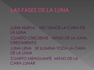 LUNA NUEVA NO VEMOS LA CARA DE
LA LUNA
CUARTO CRECIENTE MITAD DE LA LUNA,
CRECIMIENTO
LUNA LENA SE ILUMINA TODA LA CARA
DE LA LUNA
CUARTO MENGUANTE MITAD DE LA
CARA LUNAR