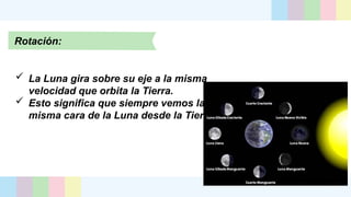 • Add the headline
• Add the headline
Rotación:
 La Luna gira sobre su eje a la misma
velocidad que orbita la Tierra.
 Esto significa que siempre vemos la
misma cara de la Luna desde la Tierra.
 
