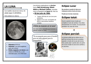 Los primeros exploradores en alunizar
LA LUNA                                                                                   Eclipse Lunar
                                          fueron Neil Armstrong, Edwin
                                          Aldrin y Michael Collins, conocidos             Se produce cuando la tierra se
Es el satélite natural de la tierra, no   como la tripulación del Apolo 11. Esto fue      interpone entre el sol y la luna.
posee agua ni atmósfera.                  el   20 de julio de 1969.                       Puede ser de dos maneras:
Está poblado de cráteres.                         Trajeron 400 kilos de roca lunar para
                                                  estudiarlas.                            Eclipse total:
                                                  Dejaron en la Luna: una bandera de
                                                  EEUU e instrumentos científicos         Ocurre cuando la luna invade por
                                                  variados                                completo el cono de sombra. Si se sitúa
                                                                                          directamente en el centro. Se oscurecerá
                                          ¿Cómo se mueven en la luna?                     alrededor de unas dos horas
                                          Con unos coches especiales que funcionan a
                                          baterías (recién en 1979).                                          y

                                                                                          Eclipse parcial:
                                          “Es un pequeño paso para el hombre
                                                                                          La primera señal que se obtuvo de un
                                          pero un salto gigante para la
                                                                                          perfil de la tierra fue al ver su sombra
                                          humanidad”                                      pasando a través de la cara de la luna.
                                                                                          Esto puede pasar cuando solo una parte
       Diámetro:3476 km                                                                   de la luna invade el cono de la sombra y
       Volumen: una quincuagésima                                                         se oscurece.
       parte de la tierra
       Órbita respecto a la tierra: una
       media de 384392 km, a una
       velocidad aprox. De 3700 km/h
 