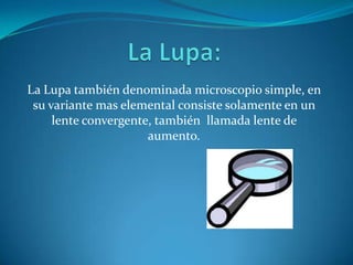 La Lupa también denominada microscopio simple, en
su variante mas elemental consiste solamente en un
lente convergente, también llamada lente de
aumento.

 