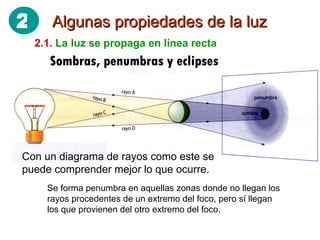 Algunas propiedades de la luz 2.1.   La luz se propaga en línea recta Con un diagrama de rayos como este se puede comprender mejor lo que ocurre.  Se forma penumbra en aquellas zonas donde no llegan los rayos procedentes de un extremo del foco, pero sí llegan los que provienen del otro extremo del foco. Sombras, penumbras y eclipses 2 