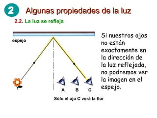 Algunas propiedades de la luz 2.2.   La luz se refleja Si nuestros ojos no están exactamente en la dirección de la luz reflejada, no podremos ver la imagen en el espejo. espejo Sólo el ojo C verá la flor A  B  C 2 