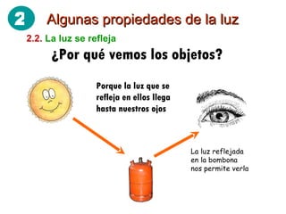 Algunas propiedades de la luz 2.2.   La luz se refleja ¿Por qué vemos los objetos? Porque la luz que se refleja en ellos llega hasta nuestros ojos La luz reflejada en la bombona nos permite verla 2 