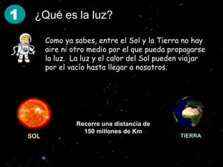 ¿Qué es la luz? La luz tarda 8,4 segundos en llegar TIERRA Como ya sabes, entre el Sol y la Tierra no hay aire ni otro medio por el que pueda propagarse la luz.  La luz y el calor del Sol pueden viajar por el vacío hasta llegar a nosotros. Recorre una distancia de 150 millones de Km 1 SOL 