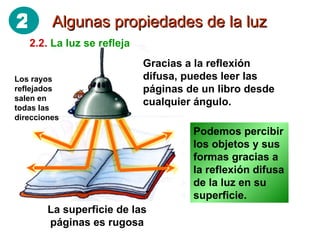 Algunas propiedades de la luz 2.2.   La luz se refleja Gracias a la reflexión difusa, puedes leer las páginas de un libro desde cualquier ángulo. Los rayos reflejados salen en todas las direcciones La superficie de las páginas es rugosa Podemos percibir los objetos y sus formas gracias a la reflexión difusa de la luz en su superficie. 2 