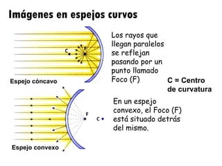 Imágenes en espejos curvos En un espejo convexo, el Foco (F) está situado detrás del mismo. Los rayos que llegan paralelos se reflejan pasando por un punto llamado Foco (F) Espejo cóncavo Espejo convexo C = Centro de curvatura 