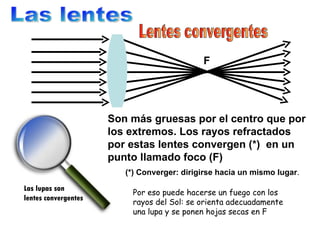 Las lentes Lentes convergentes F Son más gruesas por el centro que por los extremos. Los rayos refractados por estas lentes convergen (*)  en un punto llamado foco (F) Las lupas son lentes convergentes (*) Converger: dirigirse hacia un mismo lugar . Por eso puede hacerse un fuego con los rayos del Sol: se orienta adecuadamente una lupa y se ponen hojas secas en F 