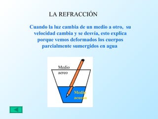 LA REFRACCIÓN  Cuando la luz cambia de un medio a otro,  su velocidad cambia y se desvía, esto explica porque vemos deformados los cuerpos parcialmente sumergidos en agua  Medio aereo Medio acuoso 