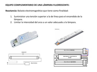 EQUIPO COMPLEMENTARIO DE UNA LÁMPARA FLUORESCENTE:

Reactancia: Balasto electromagnético que tiene como finalidad:

    1. Suministrar una tensión superior a la de línea para el encendido de la
       lámpara.
    2. Limitar la intensidad del arco a un valor adecuado a la lámpara.
 