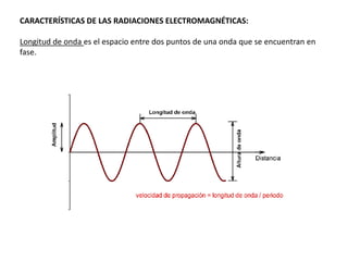 CARACTERÍSTICAS DE LAS RADIACIONES ELECTROMAGNÉTICAS:

Longitud de onda es el espacio entre dos puntos de una onda que se encuentran en
fase.
 