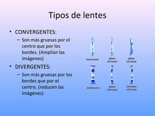 Tipos de lentes
• CONVERGENTES:
– Son más gruesas por el
centro que por los
bordes. (Amplían las
imágenes)

• DIVERGENTES:
– Son más gruesas por los
bordes que por el
centro. (reducen las
imágenes)

 