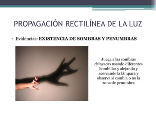 PROPAGACIÓN RECTILÍNEA DE LA LUZ
• Evidencias: EXISTENCIA DE SOMBRAS Y PENUMBRAS
Juega a las sombras
chinescas usando diferentes
bombillas y alejando y
acercando la lámpara y
observa si cambia o no la
zona de penumbra
 