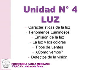Unidad N° 4
LUZ
- Características de la luz
- Fenómenos Luminosos
- Emisión de la luz
- La luz y los colores
- Tipos de Lentes
- ¿Cómo vemos?
- Defectos de la visión
 