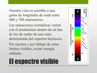 Nuestra vista es sensible a una 
gama de longitudes de onda entre 
400 y 700 nanómetros. 
Las sensaciones cromáticas varían 
con el predominio dentro de un haz 
de luz de ondas de una zona 
determinada del espectro luminoso. 
Por encima y por debajo de estos 
límites visibles, existe energía 
radiante. 
El espectro visible 
 