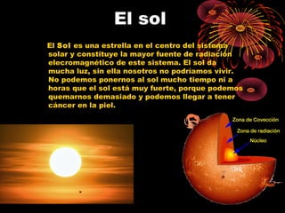 El sol 
El Sol es una estrella en el centro del sistema 
solar y constituye la mayor fuente de radiación 
elecromagnético de este sistema. El sol da 
mucha luz, sin ella nosotros no podríamos vivir. 
No podemos ponernos al sol mucho tiempo ni a 
horas que el sol está muy fuerte, porque podemos 
quemarnos demasiado y podemos llegar a tener 
cáncer en la piel. 
 