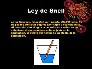 Ley de Snell 
La luz tiene una velocidad muy grande, 300.000 km/s. No 
es posible construir objetos que viajen a esa velocidad. 
Al pasar del aire al agua la luz sufre un cambio en su 
velocidad, el que comienza a darse justo en la 
separación. El efecto que vemos es un efecto de la 
separación. 
 