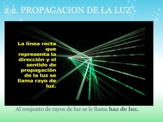 2.2. PROPAGACION DE LA LUZ
Al conjunto de rayos de luz se le llama haz de luz.
 