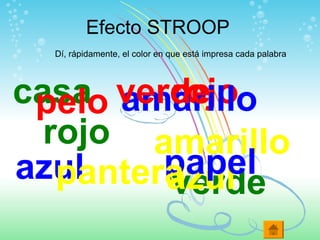 Efecto STROOP
rojo
amarillo
azul verde
rojo
amarillo
azul
verdecasa
papelpantera
pelo
Dí, rápidamente, el color en que está impresa cada palabra
 