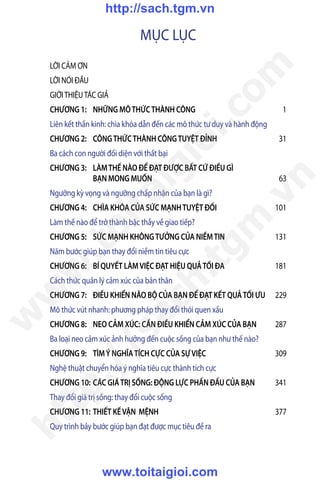 MỤC LỤC
LỜI CẢM ƠN	
LỜI NÓI ĐẦU
GIỚITHIỆUTÁC GIẢ
CHƯƠNG 1:	 NHỮNG MÔTHỨCTHÀNH CÔNG	1
Liên kết thần kinh: chìa khóa dẫn đến các mô thức tư duy và hành động
CHƯƠNG 2:	 CÔNGTHỨCTHÀNH CÔNGTUYỆT ĐỈNH	31
Ba cách con người đối diện với thất bại
CHƯƠNG 3: 	 LÀMTHẾ NÀO ĐỂ ĐẠT ĐƯỢC BẤT CỨ ĐIỀU GÌ 	
	 BẠN MONG MUỐN	63
Ngưỡng kỳ vọng và ngưỡng chấp nhận của bạn là gì?
CHƯƠNG 4:	 CHÌA KHÓA CỦA SỨC MẠNHTUYỆT ĐỐI	101
Làm thế nào để trở thành bậc thầy về giao tiếp?
CHƯƠNG 5: 	 SỨC MẠNH KHÔNGTƯỞNG CỦA NIỀMTIN 	131
Năm bước giúp bạn thay đổi niềm tin tiêu cực
CHƯƠNG 6: 	 BÍ QUYẾT LÀMVIỆC ĐẠT HIỆU QUẢTỐI ĐA 	181
Cách thức quản lý cảm xúc của bản thân
CHƯƠNG 7: 	 ĐIỀU KHIỂN NÃO BỘ CỦA BẠN ĐỂ ĐẠT KẾT QUẢTỐI ƯU	229
Mô thức vút nhanh: phương pháp thay đổi thói quen xấu
CHƯƠNG 8:	 NEO CẢM XÚC: CẦN ĐIỀU KHIỂN CẢM XÚC CỦA BẠN	287
Ba loại neo cảm xúc ảnh hưởng đến cuộc sống của bạn như thế nào?
CHƯƠNG 9:	 TÌMÝ NGHĨATÍCH CỰC CỦA SỰVIỆC	309
Nghệ thuật chuyển hóa ý nghĩa tiêu cực thành tích cực
CHƯƠNG 10:	CÁC GIÁTRỊ SỐNG: ĐỘNG LỰC PHẤN ĐẤU CỦA BẠN	341
Thay đổi giá trị sống: thay đổi cuộc sống
CHƯƠNG 11:	THIẾT KẾVẬN MỆNH	377
Quy trình bảy bước giúp bạn đạt được mục tiêu đề ra
w
w
w
.toitaigioi.com
http://sach.tgm
.vn
http://sach.tgm.vn
www.toitaigioi.com
 