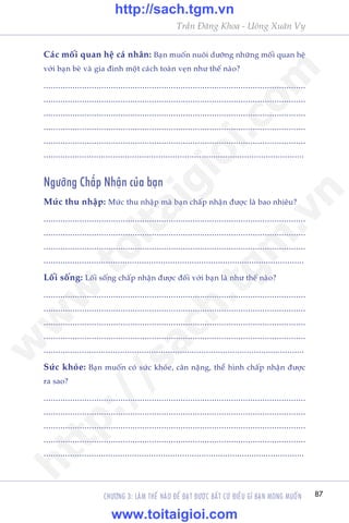 87
Trêìn Àùng Khoa - Uöng Xuên Vy
CHÛÚNG 3: LAÂM THÏË NAÂO ÀÏÍ ÀAÅT ÀÛÚÅC BÊËT CÛÁ ÀIÏÌU GÒ BAÅN MONG MUÖËN
Caác möëi quan hïå caá nhên: Baån muöën nuöi dûúäng nhûäng möëi quan hïå
vúái baån beâ vaâ gia àònh möåt caách toaân veån nhû thïë naâo?
.............................................................................................................
.............................................................................................................
.............................................................................................................
.............................................................................................................
.............................................................................................................
.............................................................................................................
Ngûúäng Chêëp Nhêån cuãa baån
Mûác thu nhêåp: Mûác thu nhêåp maâ baån chêëp nhêån àûúåc laâ bao nhiïu?
.............................................................................................................
.............................................................................................................
.............................................................................................................
.............................................................................................................
Löëi söëng: Löëi söëng chêëp nhêån àûúåc àöëi vúái baån laâ nhû thïë naâo?
.............................................................................................................
.............................................................................................................
.............................................................................................................
.............................................................................................................
.............................................................................................................
Sûác khoãe: Baån muöën coá sûác khoãe, cên nùång, thïí hònh chêëp nhêån àûúåc
ra sao?
.............................................................................................................
.............................................................................................................
.............................................................................................................
.............................................................................................................
.............................................................................................................
w
w
w
.toitaigioi.com
http://sach.tgm
.vn
http://sach.tgm.vn
www.toitaigioi.com
 
