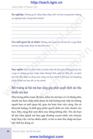 Adam Khoo & Stuart Tan
LAÂM CHUÃ TÛ DUY, THAY ÀÖÍI VÊÅN MÏÅNH88
Sûå nghiïåp: Nhûäng gò laâ chêëp nhêån àûúåc àöëi vúái baån trong bûúác àûúâng
sûå nghiïåp hoùåc trong kinh doanh?
.............................................................................................................
.............................................................................................................
.............................................................................................................
.............................................................................................................
.............................................................................................................
Caác möëi quan hïå caá nhên: Nhûäng möëi quan hïå vúái baån beâ vaâ gia àònh
maâ baån chêëp nhêån àûúåc laâ nhû thïë naâo?
.............................................................................................................
.............................................................................................................
.............................................................................................................
.............................................................................................................
.............................................................................................................
Suy ngêîm: Baån coá nhêån thêëy sûå khaác biïåt rêët lúán giûäa nhûäng gò baån kyâ
voång vaâ nhûäng gò baån chêëp nhêån khöng? Khi nghô vïì àiïìu àoá, coá phaãi
baån bùæt àêìu nhêån ra rùçng cuöåc söëng cuãa baån chñnh laâ kïët quaã cuãa Ngûúäng
Chêëp Nhêån maâ baån àïì ra cho mònh?
Möi trûúâng xaä höåi maâ baån söëng goáp phêìn quyïët àõnh caác tiïu
chuêín cuãa baån
Nhû trong phêìn trûúác àaä baân, niïìm tin maâ baån coá vïì nhûäng tiïu
chuêín maâ baån chêëp nhêån àûúåc bõ aãnh hûúãng trûåc tiïëp tûâ nhûäng
ngûúâi baån coá möëi quan hïå, giao du hoùåc laâm viïåc cuâng. Hoå coá
khuynh hûúáng vö tònh goáp phêìn quyïët àõnh caác tiïu chuêín cuãa
baån. Haäy cuâng thûã xem àiïìu naây àuáng khöng nheá. Töi cêìn baån
kïí tïn nùm ngûúâi maâ baån gùåp thûúâng xuyïn nhêët, noái chuyïån
hoùåc laâm viïåc vúái hoå nhiïìu nhêët, vaâ kï ra mûác thu nhêåp maâ baån
ûúác tñnh hoå àang coá.
w
w
w
.toitaigioi.com
http://sach.tgm
.vn
http://sach.tgm.vn
www.toitaigioi.com
 