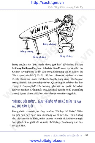 161CHÛÚNG 5: SÛÁC MAÅNH KHÖNG TÛÚÃNG CUÃA NIÏÌM TIN
Trêìn Àùng Khoa - Uöng Xuên Vy
Trong quyïín saách “Sûác maånh khöng giúái haån” (Unlimited Power),
Anthony Robbins duâng hònh aãnh chiïëc baân àïí minh hoåa vïì niïìm tin.
Khi möåt suy nghô naâo àoá lêìn àêìu tûúång hònh trong têm trñ baån (vñ duå,
“Töi laâ ngûúâi chêåm hiïíu”), luác àoá chiïëc baân chó coá möîi mùåt baân vaâ khöng
coá chên baân àïí àúä. Do àoá, chiïëc baân khöng thïí àûáng vûäng vaâ khöng aãnh
hûúãng gò nhiïìu àïën cuöåc söëng cuãa baån. Qua thúâi gian, nïëu baån thu thêåp
chûáng cûá vïì suy nghô àoá, àiïìu àoá àöìng nghôa vúái viïåc baån lùæp thïm chên
baân vaâo mùåt baân. Chùèng mêëy chöëc, khi chiïëc baân àaä coá àuã chên (bùçng
chûáng), baån seä coá möåt chiïëc baân kiïn cöë (möåt niïìm tin vûäng chùæc).
“TÖI HOÅC DÖËT TOAÁN”... LAÂM THÏË NAÂO MAÂ TÖI COÁ NIÏÌM TIN NAÂY
VAÂO LUÁC NÙM TUÖÍI
Trong nhiïìu nùm trúâi, töi tûâng tin rùçng “Töi hoåc döët Toaán”. Niïìm
tin giúái haån naây ngùn caãn töi khöng coá nöî lûåc hoåc Toaán. Giöëng
nhû têët caã niïìm tin khaác, niïìm tin cuãa töi xuêët phaát tûâ möåt yá nghô
àún giaãn khi töi phaãi vêët vaã nhöìi nheát baãng cûãu chûúng vaâo àêìu
höìi coân nhoã.
Bùçng chûáng
Bùçng chûáng Bùçng chûáng
Bùçng chûáng
w
w
w
.toitaigioi.com
http://sach.tgm
.vn
http://sach.tgm.vn
www.toitaigioi.com
 