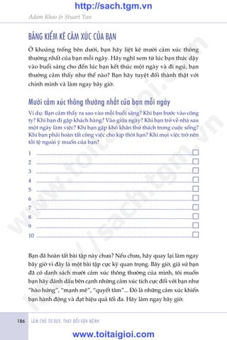LAÂM CHUÃ TÛ DUY, THAY ÀÖÍI VÊÅN MÏÅNH186
Adam Khoo & Stuart Tan
BAÃNG KIÏÍM KÏ CAÃM XUÁC CUÃA BAÅN
ÚÃ khoaãng tröëng bïn dûúái, baån haäy liïåt kï mûúâi caãm xuác thöng
thûúâng nhêët cuãa baån möîi ngaây. Haäy nghô xem tûâ luác baån thûác dêåy
vaâo buöíi saáng cho àïën luác baån kïët thuác möåt ngaây vaâ ài nguã, baån
thûúâng caãm thêëy nhû thïë naâo? Baån haäy tuyïåt àöëi thaânh thêåt vúái
chñnh mònh vaâ laâm ngay bêy giúâ.
Mûúâi caãm xuác thöng thûúâng nhêët cuãa baån möîi ngaây
Vñ duå: Baån caãm thêëy ra sao vaâo möîi buöíi saáng? Khi baån bûúác vaâo cöng
ty? Khi baån ài gùåp khaách haâng? Vaâo giûäa ngaây? Khi baån trúã vïì nhaâ sau
möåt ngaây laâm viïåc? Khi baån gùåp khoá khùn thûã thaách trong cuöåc söëng?
Khi baån phaãi hoaân têët cöng viïåc cho kõp thúâi haån? Khi moåi viïåc trúã nïn
töìi tïå ngoaâi yá muöën cuãa baån?
1	.................................................................................................................
2	.................................................................................................................
3	.................................................................................................................
4	.................................................................................................................
5 	 .................................................................................................................
6 	 .................................................................................................................
7 	 .................................................................................................................
8 	 .................................................................................................................
9 	 .................................................................................................................
10	.................................................................................................................
Baån àaä hoaân têët baâi têåp naây chûa? Nïëu chûa, haäy quay laåi laâm ngay
bêy giúâ vò àêy laâ möåt baâi têåp cûåc kyâ quan troång. Bêy giúâ, giaã sûã baån
àaä coá danh saách mûúâi caãm xuác thöng thûúâng cuãa mònh, töi muöën
baån haäy àaánh dêëu bïn caånh nhûäng caãm xuác tñch cûåc àöëi vúái baån nhû
“haâo hûáng”, “maånh meä”, “quyïët têm”... Àoá laâ nhûäng caãm xuác khiïën
baån haânh àöång vaâ àaåt hiïåu quaã töëi àa. Haäy laâm ngay bêy giúâ.
w
w
w
.toitaigioi.com
http://sach.tgm
.vn
http://sach.tgm.vn
www.toitaigioi.com
 