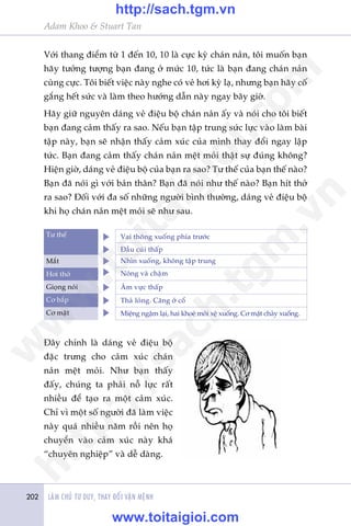 LAÂM CHUÃ TÛ DUY, THAY ÀÖÍI VÊÅN MÏÅNH202
Adam Khoo & Stuart Tan
Vúái thang àiïím tûâ 1 àïën 10, 10 laâ cûåc kyâ chaán naãn, töi muöën baån
haäy tûúãng tûúång baån àang úã mûác 10, tûác laâ baån àang chaán naãn
cuâng cûåc. Töi biïët viïåc naây nghe coá veã húi kyâ laå, nhûng baån haäy cöë
gùæng hïët sûác vaâ laâm theo hûúáng dêîn naây ngay bêy giúâ.
Haäy giûä nguyïn daáng veã àiïåu böå chaán naãn êëy vaâ noái cho töi biïët
baån àang caãm thêëy ra sao. Nïëu baån têåp trung sûác lûåc vaâo laâm baâi
têåp naây, baån seä nhêån thêëy caãm xuác cuãa mònh thay àöíi ngay lêåp
tûác. Baån àang caãm thêëy chaán naãn mïåt moãi thêåt sûå àuáng khöng?
Hiïån giúâ, daáng veã àiïåu böå cuãa baån ra sao? Tû thïë cuãa baån thïë naâo?
Baån àaä noái gò vúái baãn thên? Baån àaä noái nhû thïë naâo? Baån hñt thúã
ra sao? Àöëi vúái àa söë nhûäng ngûúâi bònh thûúâng, daáng veã àiïåu böå
khi hoå chaán naãn mïåt moãi seä nhû sau.
Àêy chñnh laâ daáng veã àiïåu böå
àùåc trûng cho caãm xuác chaán
naãn mïåt moãi. Nhû baån thêëy
àêëy, chuáng ta phaãi nöî lûåc rêët
nhiïìu àïí taåo ra möåt caãm xuác.
Chó vò möåt söë ngûúâi àaä laâm viïåc
naây quaá nhiïìu nùm röìi nïn hoå
chuyïín vaâo caãm xuác naây khaá
“chuyïn nghiïåp” vaâ dïî daâng.
Tû thïë
Mùæt
Húi thúã
Cú bùæp
Gioång noái
Cú mùåt
Vai thoäng xuöëng phña trûúác
Àêìu cuái thêëp
Nhòn xuöëng, khöng têåp trung
Nöng vaâ chêåm
Êm vûåc thêëp
Thaã loãng. Cùng úã cöí
Miïång ngêåm laåi, hai khoeá möi xïå xuöëng. Cú mùåt chaãy xuöëng.
w
w
w
.toitaigioi.com
http://sach.tgm
.vn
http://sach.tgm.vn
www.toitaigioi.com
 