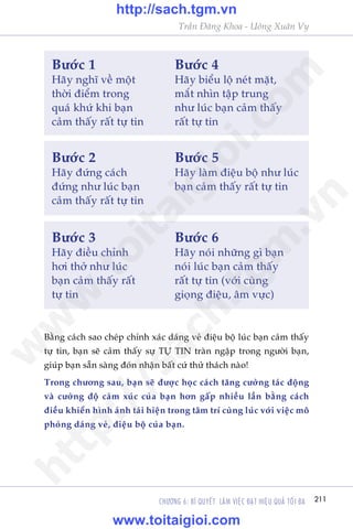 211CHÛÚNG 6: BÑ QUYÏËT LAÂM VIÏåC ÀAÅT HIÏåU QUAÃ TÖËI ÀA
Trêìn Àùng Khoa - Uöng Xuên Vy
Bùçng caách sao cheáp chñnh xaác daáng veã àiïåu böå luác baån caãm thêëy
tûå tin, baån seä caãm thêëy sûå TÛÅ TIN traân ngêåp trong ngûúâi baån,
giuáp baån sùén saâng àoán nhêån bêët cûá thûã thaách naâo!
Trong chûúng sau, baån seä àûúåc hoåc caách tùng cûúâng taác àöång
vaâ cûúâng àöå caãm xuác cuãa baån hún gêëp nhiïìu lêìn bùçng caách
àiïìu khiïín hònh aãnh taái hiïån trong têm trñ cuâng luác vúái viïåc mö
phoãng daáng veã, àiïåu böå cuãa baån.
Bûúác 1
Haäy nghô vïì möåt
thúâi àiïím trong
quaá khûá khi baån
caãm thêëy rêët tûå tin
Bûúác 2
Haäy àûáng caách
àûáng nhû luác baån
caãm thêëy rêët tûå tin
Bûúác 3
Haäy àiïìu chónh
húi thúã nhû luác
baån caãm thêëy rêët
tûå tin
Bûúác 4
Haäy biïíu löå neát mùåt,
mùæt nhòn têåp trung
nhû luác baån caãm thêëy
rêët tûå tin
Bûúác 5
Haäy laâm àiïåu böå nhû luác
baån caãm thêëy rêët tûå tin
Bûúác 6
Haäy noái nhûäng gò baån
noái luác baån caãm thêëy
rêët tûå tin (vúái cuâng
gioång àiïåu, êm vûåc)
w
w
w
.toitaigioi.com
http://sach.tgm
.vn
http://sach.tgm.vn
www.toitaigioi.com
 