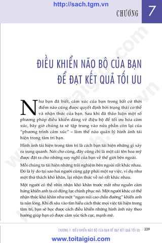 CHÛÚNG 7: ÀIÏÌU KHIÏÍN NAÄO BÖÅ CUÃA BAÅN ÀÏÍ ÀAÅT KÏËT QUAÃ TÖËI ÛU 229
Trêìn Àùng Khoa - Uöng Xuên Vy
ÀIÏÌU KHIÏÍN NAÄO BÖÅ CUÃA BAÅN
ÀÏÍ ÀAÅT KÏËT QUAÃ TÖËI ÛU
N
hû baån àaä biïët, caãm xuác cuãa baån trong bêët cûá thúâi
àiïím naâo cuäng àûúåc quyïët àõnh búãi traång thaái cú thïí
vaâ nhêån thûác cuãa baån. Sau khi àaä thaão luêån möåt söë
phûúng phaáp àiïìu khiïín daáng veã àiïåu böå àïí töëi ûu hoáa caãm
xuác, bêy giúâ chuáng ta seä têåp trung vaâo nûãa phêìn coân laåi cuãa
“phûúng trònh caãm xuác” – laâm thïë naâo quaãn lyá hònh aãnh taái
hiïån trong têm trñ baån.
Hònh aãnh taái hiïån trong têm trñ laâ caách baån taái hiïån nhûäng gò xaãy
ra xung quanh. Noái cho cuâng, àêy cuäng chó laâ möåt caái tïn hoa myä
àûúåc àùåt ra cho nhûäng suy nghô cuãa baån vïì thïë giúái bïn ngoaâi.
Möîi chuáng ta taái hiïån nhûäng traãi nghiïåm bïn ngoaâi rêët khaác nhau.
Àoá laâ lyá do taåi sao hai ngûúâi cuâng gùåp phaãi möåt sûå viïåc, vñ duå nhû
möåt thûã thaách khoá khùn, laåi nhêån thûác vïì noá rêët khaác nhau.
Möåt ngûúâi coá thïí nhòn nhêån khoá khùn trûúác mùæt nhû nguöìn caãm
hûáng khiïën anh ta coá àöång lûåc chinh phuåc noá. Möåt ngûúâi khaác coá thïí
nhêån thûác khoá khùn nhû möåt “ngoån nuái cao chùæn àûúâng” khiïën anh
ta naãn loâng. Khi ài sêu vaâo tòm hiïíu caách thûác moåi viïåc taái hiïån trong
têm trñ, baån seä hoåc àûúåc caách àiïìu khiïín nhûäng hònh aãnh naây theo
hûúáng giuáp baån coá àûúåc caãm xuác tñch cûåc, maånh meä.
229
7CHÛÚNG
w
w
w
.toitaigioi.com
http://sach.tgm
.vn
http://sach.tgm.vn
www.toitaigioi.com
 