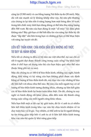 CHÛÚNG 1: NHÛÄNG MÖ THÛÁC THAÂNH CÖNG 5
Trêìn Àùng Khoa - Uöng Xuên Vy
cöång laåi (5.500 meát) vaâ cao bùçng tûúång Nûä thêìn tûå do (50 meát). Mùåc
duâ vúái sûác maånh xûã lyá khuãng khiïëp nhû vêåy, böå naäo phi thûúâng
cuãa chuáng ta laåi tiïu töën ñt nùng lûúång hún möåt boáng àeân 10 watt,
trong khi chiïëc maáy tñnh baån àang duâng coá thïí tiïu thuå nùng lûúång
àïën 500 watt. Böå naäo cuãa baån àuáng laâ möåt “cöî maáy” kyâ diïåu phaãi
khöng naâo? Bêy giúâ baån coá thïí bùæt àêìu tin vaâo nùng lûåc thêìn kyâ àaä
àûúåc “lùæp àùåt” sùén bïn trong baån vaâ nhûäng gò baån coá thïí thûåc hiïån
vúái nùng lûåc tuyïåt vúâi àoá.
LIÏN KÏËT THÊÌN KINH: CHÒA KHOÁA DÊÎN ÀÏËN NHÛÄNG MÖ THÛÁC
TÛ DUY VAÂ HAÂNH ÀÖÅNG
Nïëu têët caã chuáng ta àïìu coá böå naäo ûu viïåt nhû thïë, taåi sao chó coá
rêët ñt ngûúâi àaåt àûúåc thaânh cöng trong cuöåc söëng? Sûå khaác biïåt
nùçm úã chöî baån sûã duång naäo böå cuãa baån hiïåu quaã nhû thïë naâo
(hoùåc laäng phñ noá ra sao).
Mùåc duâ chuáng ta coá 100 tó tïë baâo thêìn kinh, nhûäng suy nghô, haânh
àöång, khaã nùng vaâ kyä nùng cuãa baån khöng phaãi àûúåc xaác àõnh
bùçng söë lûúång tïë baâo thêìn kinh àoá, maâ dûåa vaâo viïåc nhûäng tïë baâo
àoá liïn kïët vúái nhau nhû thïë naâo. Böå naäo cuãa möîi ngûúâi tuy coá söë
lûúång tïë baâo thêìn kinh tûúng àûúng nhau, nhûng sûå liïn kïët giûäa
caác tïë baâo thêìn kinh laåi hoaân toaân khaác biïåt. Do àoá, chuáng ta suy
nghô vaâ haânh àöång rêët khaác nhau, dêîn àïën mûác àöå thaânh cöng
trong cuöåc söëng cuãa möîi ngûúâi cuäng khaác nhau.
Nïëu baån biïët möåt ai àoá cûåc kyâ gioãi toaán, àoá laâ vò anh ta coá nhiïìu
liïn kïët thêìn kinh trong khu vûåc naäo böå chõu traách nhiïåm vïì tû
duy toaán hoåc vaâ lö-gñc. Tuy nhiïn, coá thïí anh ta laåi laâ ngûúâi khöng
tûå tin trong giao tiïëp búãi vò anh ta coá ñt liïn kïët thêìn kinh trong
khu vûåc naäo böå quaãn lyá khaã nùng giao tiïëp.
w
w
w
.toitaigioi.com
http://sach.tgm
.vn
http://sach.tgm.vn
www.toitaigioi.com
 