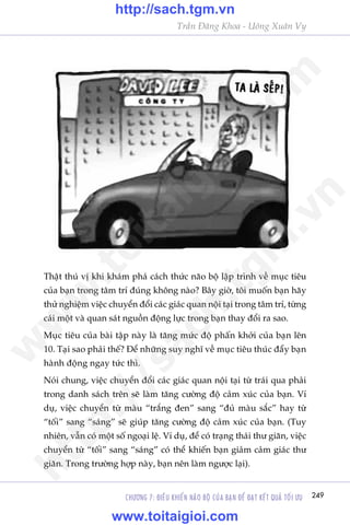 CHÛÚNG 7: ÀIÏÌU KHIÏÍN NAÄO BÖÅ CUÃA BAÅN ÀÏÍ ÀAÅT KÏËT QUAÃ TÖËI ÛU 249
Trêìn Àùng Khoa - Uöng Xuên Vy
Thêåt thuá võ khi khaám phaá caách thûác naäo böå lêåp trònh vïì muåc tiïu
cuãa baån trong têm trñ àuáng khöng naâo? Bêy giúâ, töi muöën baån haäy
thûã nghiïåm viïåc chuyïín àöíi caác giaác quan nöåi taåi trong têm trñ, tûâng
caái möåt vaâ quan saát nguöìn àöång lûåc trong baån thay àöíi ra sao.
Muåc tiïu cuãa baâi têåp naây laâ tùng mûác àöå phêën khúãi cuãa baån lïn
10. Taåi sao phaãi thïë? Àïí nhûäng suy nghô vïì muåc tiïu thuác àêíy baån
haânh àöång ngay tûác thò.
Noái chung, viïåc chuyïín àöíi caác giaác quan nöåi taåi tûâ traái qua phaãi
trong danh saách trïn seä laâm tùng cûúâng àöå caãm xuác cuãa baån. Vñ
duå, viïåc chuyïín tûâ maâu “trùæng àen” sang “àuã maâu sùæc” hay tûâ
“töëi” sang “saáng” seä giuáp tùng cûúâng àöå caãm xuác cuãa baån. (Tuy
nhiïn, vêîn coá möåt söë ngoaåi lïå. Vñ duå, àïí coá traång thaái thû giaän, viïåc
chuyïín tûâ “töëi” sang “saáng” coá thïí khiïën baån giaãm caãm giaác thû
giaän. Trong trûúâng húåp naây, baån nïn laâm ngûúåc laåi).
w
w
w
.toitaigioi.com
http://sach.tgm
.vn
http://sach.tgm.vn
www.toitaigioi.com
 