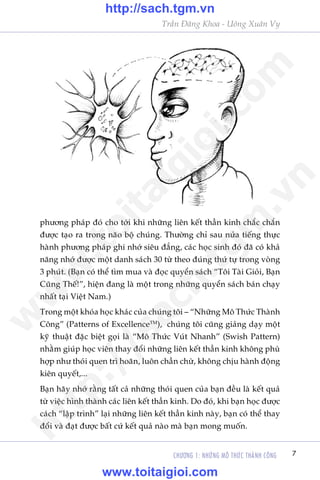 CHÛÚNG 1: NHÛÄNG MÖ THÛÁC THAÂNH CÖNG 7
Trêìn Àùng Khoa - Uöng Xuên Vy
phûúng phaáp àoá cho túái khi nhûäng liïn kïët thêìn kinh chùæc chùæn
àûúåc taåo ra trong naäo böå chuáng. Thûúâng chó sau nûãa tiïëng thûåc
haânh phûúng phaáp ghi nhúá siïu àùèng, caác hoåc sinh àoá àaä coá khaã
nùng nhúá àûúåc möåt danh saách 30 tûâ theo àuáng thûá tûå trong voâng
3 phuát. (Baån coá thïí tòm mua vaâ àoåc quyïín saách “Töi Taâi Gioãi, Baån
Cuäng Thïë!”, hiïån àang laâ möåt trong nhûäng quyïín saách baán chaåy
nhêët taåi Viïåt Nam.)
Trong möåt khoáa hoåc khaác cuãa chuáng töi – “Nhûäng Mö Thûác Thaânh
Cöng” (Patterns of ExcellenceTM
), chuáng töi cuäng giaãng daåy möåt
kyä thuêåt àùåc biïåt goåi laâ “Mö Thûác Vuát Nhanh” (Swish Pattern)
nhùçm giuáp hoåc viïn thay àöíi nhûäng liïn kïët thêìn kinh khöng phuâ
húåp nhû thoái quen trò hoaän, luön chêìn chûâ, khöng chõu haânh àöång
kiïn quyïët,...
Baån haäy nhúá rùçng têët caã nhûäng thoái quen cuãa baån àïìu laâ kïët quaã
tûâ viïåc hònh thaânh caác liïn kïët thêìn kinh. Do àoá, khi baån hoåc àûúåc
caách “lêåp trònh” laåi nhûäng liïn kïët thêìn kinh naây, baån coá thïí thay
àöíi vaâ àaåt àûúåc bêët cûá kïët quaã naâo maâ baån mong muöën.
w
w
w
.toitaigioi.com
http://sach.tgm
.vn
http://sach.tgm.vn
www.toitaigioi.com
 