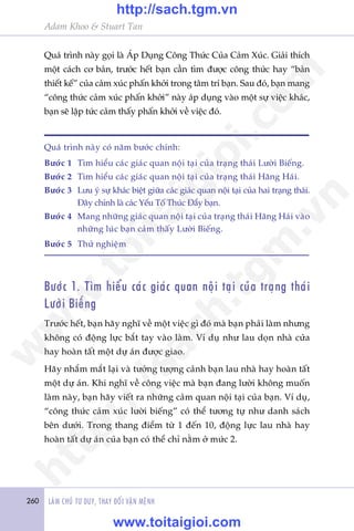 260 LAÂM CHUÃ TÛ DUY, THAY ÀÖÍI VÊÅN MÏÅNH
Adam Khoo & Stuart Tan
Quaá trònh naây goåi laâ AÁp Duång Cöng Thûác Cuãa Caãm Xuác. Giaãi thñch
möåt caách cú baãn, trûúác hïët baån cêìn tòm àûúåc cöng thûác hay “baãn
thiïët kïë” cuãa caãm xuác phêën khúãi trong têm trñ baån. Sau àoá, baån mang
“cöng thûác caãm xuác phêën khúãi” naây aáp duång vaâo möåt sûå viïåc khaác,
baån seä lêåp tûác caãm thêëy phêën khúãi vïì viïåc àoá.
Bûúác 1. Tòm hiïíu caác giaác quan nöåi taåi cuãa traång thaái
Lûúâi Biïëng
Trûúác hïët, baån haäy nghô vïì möåt viïåc gò àoá maâ baån phaãi laâm nhûng
khöng coá àöång lûåc bùæt tay vaâo laâm. Vñ duå nhû lau doån nhaâ cûãa
hay hoaân têët möåt dûå aán àûúåc giao.
Haäy nhùæm mùæt laåi vaâ tûúãng tûúång caãnh baån lau nhaâ hay hoaân têët
möåt dûå aán. Khi nghô vïì cöng viïåc maâ baån àang lûúâi khöng muöën
laâm naây, baån haäy viïët ra nhûäng caãm quan nöåi taåi cuãa baån. Vñ duå,
“cöng thûác caãm xuác lûúâi biïëng” coá thïí tûúng tûå nhû danh saách
bïn dûúái. Trong thang àiïím tûâ 1 àïën 10, àöång lûåc lau nhaâ hay
hoaân têët dûå aán cuãa baån coá thïí chó nùçm úã mûác 2.
Quaá trònh naây coá nùm bûúác chñnh:
Bûúác 1 	Tòm hiïíu caác giaác quan nöåi taåi cuãa traång thaái Lûúâi Biïëng.
Bûúác 2 	Tòm hiïíu caác giaác quan nöåi taåi cuãa traång thaái Hùng Haái.
Bûúác 3 	Lûu yá sûå khaác biïåt giûäa caác giaác quan nöåi taåi cuãa hai traång thaái.
Àêy chñnh laâ caác Yïëu Töë Thuác Àêíy baån.
Bûúác 4 	 Mang nhûäng giaác quan nöåi taåi cuãa traång thaái Hùng Haái vaâo
nhûäng luác baån caãm thêëy Lûúâi Biïëng.
Bûúác 5 	Thûã nghiïåm
w
w
w
.toitaigioi.com
http://sach.tgm
.vn
http://sach.tgm.vn
www.toitaigioi.com
 