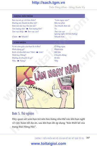 CHÛÚNG 7: ÀIÏÌU KHIÏÍN NAÄO BÖÅ CUÃA BAÅN ÀÏÍ ÀAÅT KÏËT QUAÃ TÖËI ÛU 267
Trêìn Àùng Khoa - Uöng Xuên Vy
Bûúác 5. Thûã nghiïåm
Haäy quan saát xem baån trúã nïn haâo hûáng nhû thïë naâo khi baån nghô
vïì viïåc hoaân têët dûå aán, sau khi baån àaä aáp duång “baãn thiïët kïë cuãa
traång thaái Hùng Haái”.
GIOÅNG NOÁI THÊÌM
CAÃM NHÊÅN
Baån tûå noái gò vúái baãn thên?	 “Laâm ngay naâo!”
Hûúáng êm thanh tûâ àêu túái? 	 Bïn tai phaãi
Àún êm sùæc hay Àa êm sùæc?	 Êm thanh àún sùæc
Êm lûúång nhoã Êm lûúång lúán? 	 To
Êm vûåc thêëp Êm vûåc cao?	 Êm vûåc cao
	 (gioång nghe rêët haâo hûáng)
Chêåm Nhanh?	 Nhanh hún
Võ trñ caãm giaác cuãa baån laâ úã àêu?	 ÚÃ löìng ngûåc
Hònh daång gò?	 Hònh troân
Kñch cúä nhû thïë naâo? Nhoã Lúán?	 Rêët lúán
Tônh hay Àöång? 	 Chuyïín àöång
Hûúáng di chuyïín laâ gò? 	 Ài lïn
Nheå Nùång?	 Nheå
w
w
w
.toitaigioi.com
http://sach.tgm
.vn
http://sach.tgm.vn
www.toitaigioi.com
 