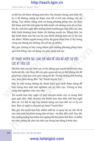 274 LAÂM CHUÃ TÛ DUY, THAY ÀÖÍI VÊÅN MÏÅNH
Adam Khoo & Stuart Tan
caã khi hoå rêët theâm nhûäng moán beáo. Hoå nhanh choáng caãm thêëy töìi
tïå vò àaä khöng cûúäng laåi àûúåc caám döî vaâ boã nûãa chûâng viïåc ùn
kiïng. Tuy nhiïn, bùçng caách sûã duång phûúng phaáp naây, hoå thay
àöíi àûúåc möëi liïn kïët giûäa hïå thêìn kinh vúái nhûäng moán ùn coá haåi.
Do àoá, möîi khi nghô àïën miïëng baánh hamburger hêëp dêîn, hoå caãm
thêëy bònh thûúâng hoùåc thêåm chñ khöng muöën ùn. Àöìng thúâi, hoå
lêåp trònh àûúåc naäo böå cuãa hoå yïu thñch nhûäng moán ùn coá lúåi cho
sûác khoãe. Nhiïìu ngûúâi trong söë hoå àaä giaãm àûúåc hún 13 kyá trong
voâng saáu thaáng maâ khöng cêìn nöî lûåc gò nhiïìu.
Bêy giúâ, chuáng ta haäy cuâng khaám phaá nhûäng phûúng phaáp hiïåu
quaã hún bùçng viïåc sûã duång caác giaác quan nöåi taåi.
KYÄ THUÊÅT XUYÏN TAÅC: LAÂM THÏË NAÂO ÀÏÍ XOÁA BOÃ MÖÅT SÛÅ VIÏåC
CÛÅC KYÂ TIÏU CÛÅC
Àöi khi möåt sûå viïåc tiïu cûåc coá taác àöång quaá maånh khiïën baån àau
buöìn töåt àöå, viïåc thay àöíi caác giaác quan nöåi taåi coá thïí khöng àuã àïí
giuáp baån vûúåt qua caãm giaác nùång nïì àoá. Trong nhûäng tònh huöëng
naây, baån phaãi duâng àïën “Kyä Thuêåt Xuyïn Taåc”.
Àêy laâ möåt trong nhûäng kyä thuêåt hiïåu quaã nhêët àûúåc duâng àïí
laâm trung hoâa möåt traãi nghiïåm cûåc kyâ tiïu cûåc. Chuáng ta haäy
cuâng thûã nghiïåm viïåc naây nheá.
Töi muöën baån haäy nghô vïì möåt chuyïån buöìn xaãy ra trong thúâi
gian gêìn àêy. Möåt chuyïån maâ khiïën baån àau àúán möîi khi nghô
àïën noá. Coá thïí laâ sïëp hay khaách haâng cuãa baån àöëi xûã vö lyá vúái
baån. Baån coá nghô ra chuyïån gò chûa? Tuyïåt lùæm!
Bêy giúâ, töi muöën baån haäy nhùæm mùæt laåi vaâ quay laåi sûå viïåc töìi tïå
naây nhû möåt böå phim trong têm trñ baån – tûâ àêìu àïën cuöëi. Sau àoá,
haäy tûúãng tûúång baån bêëm nuát ngûâng khi böå phim kïët thuác vaâ kiïím
tra xem cûúâng àöå caãm xuác tiïu cûåc trong baån àang úã mûác naâo.
w
w
w
.toitaigioi.com
http://sach.tgm
.vn
http://sach.tgm.vn
www.toitaigioi.com
 